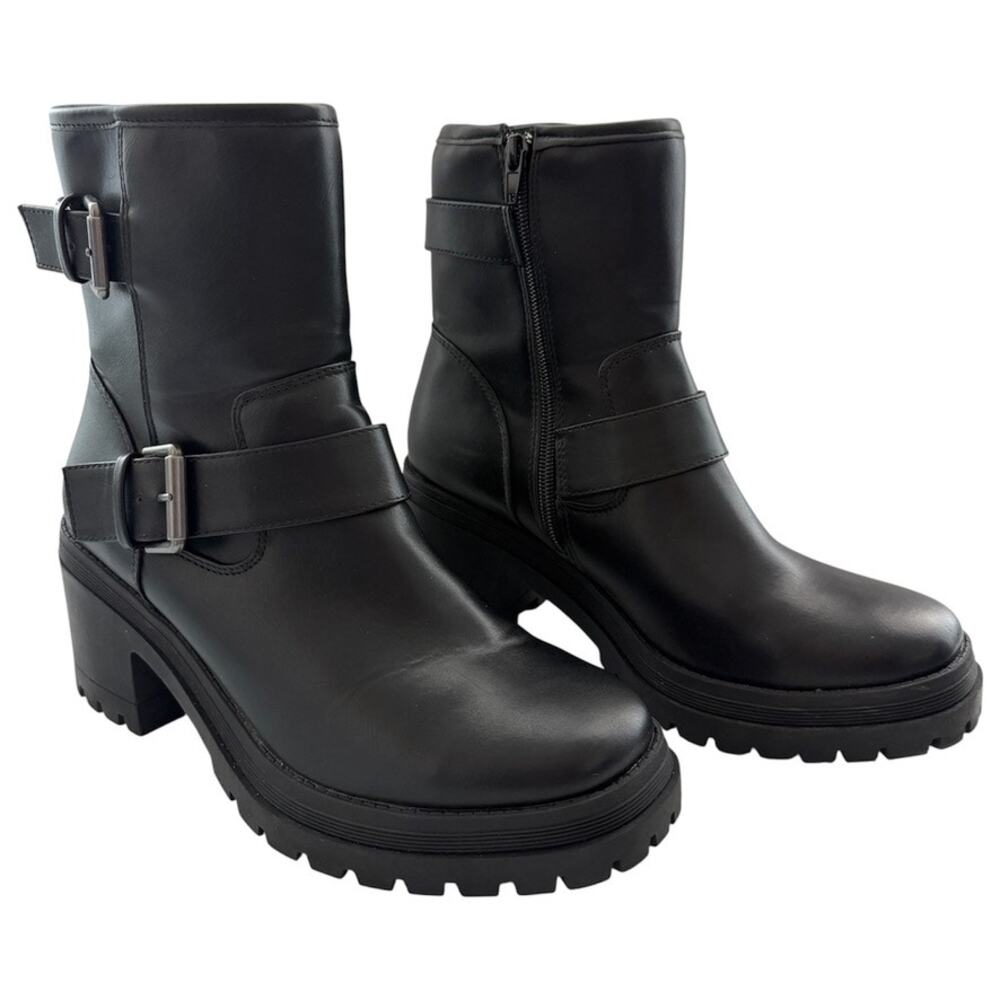 Esprit Della Chunky Black Vegan Leather Moto Buckle Platform Ankle Boots Size 9